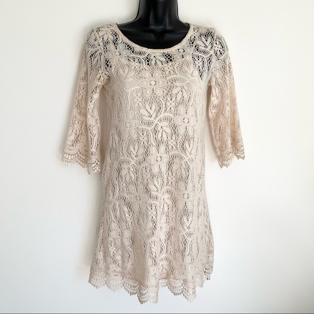 H&M Divided Boho Lace Crochet Eyelet Scalloped Bell Sleeves Ivory Dress 2